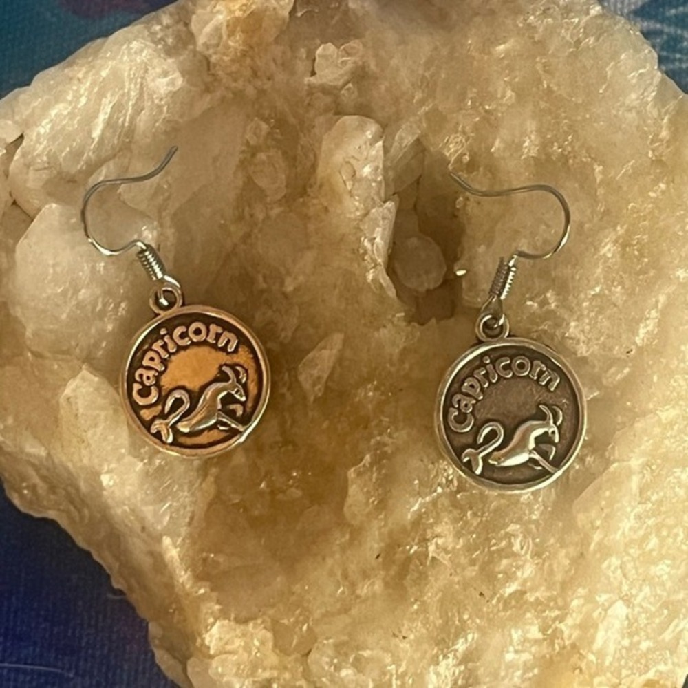 Antique Silver Capricorn Goat Zodiac Sign Stamped Metal Earrings-Boho -Gift -New - Picture 11 of 11